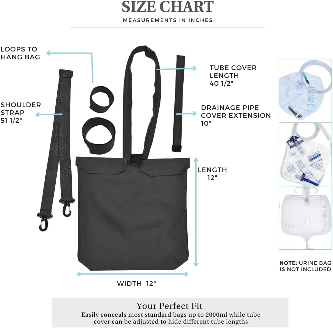Urine Drainage Bag Holder with Catheter Pipe Cover & Adjustable Strap - Black