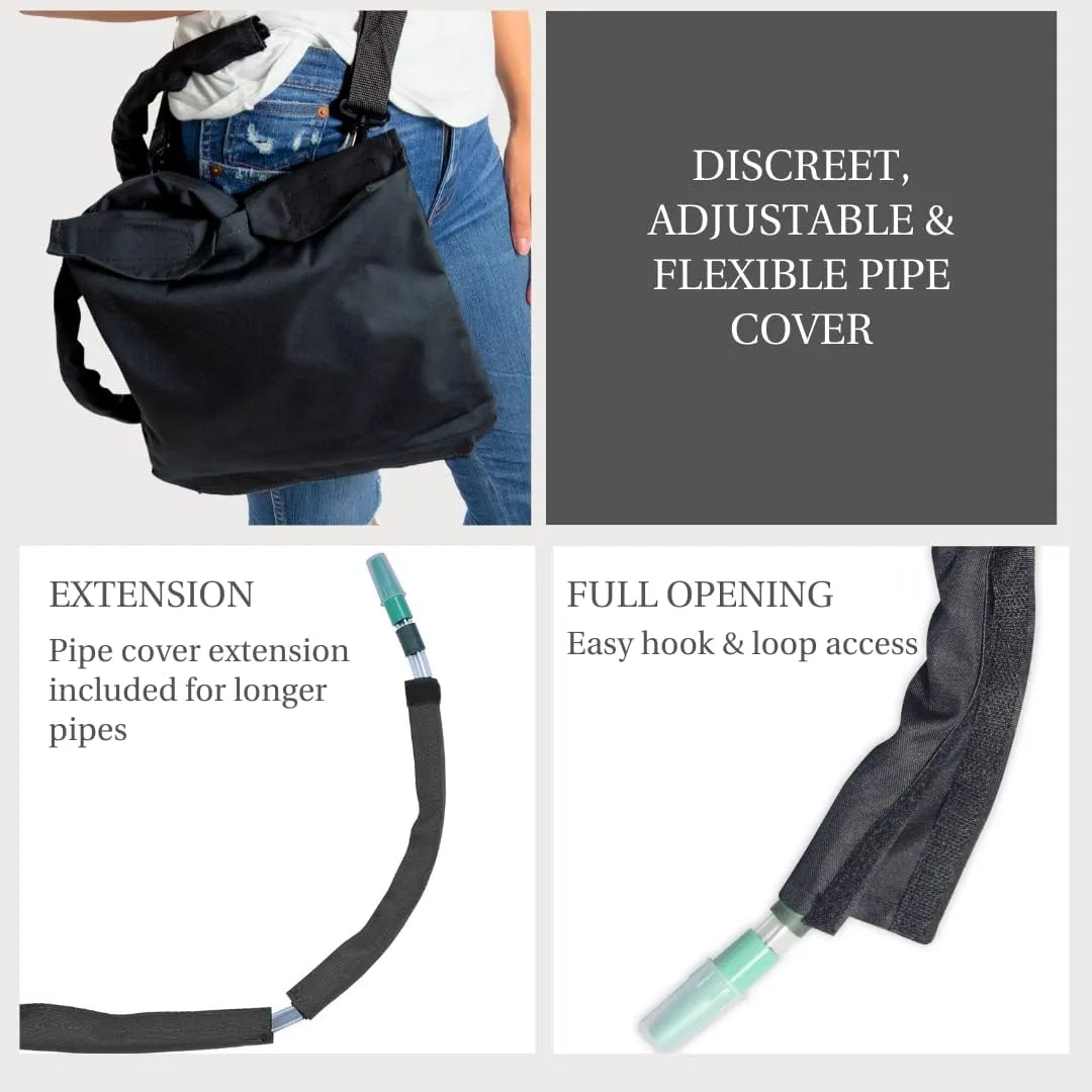 Urine Drainage Bag Holder with Catheter Pipe Cover & Adjustable Strap - Black