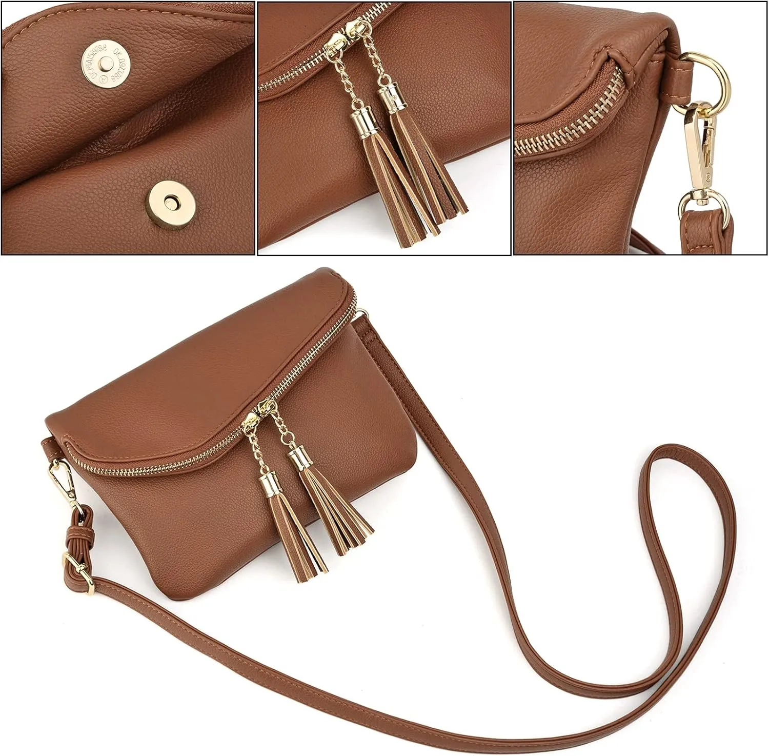 UTO Envelope Wristlet Clutch Crossbody Bag for Women Double Tassel Cellphone Trendy Purse with Strap and Zip Pocket