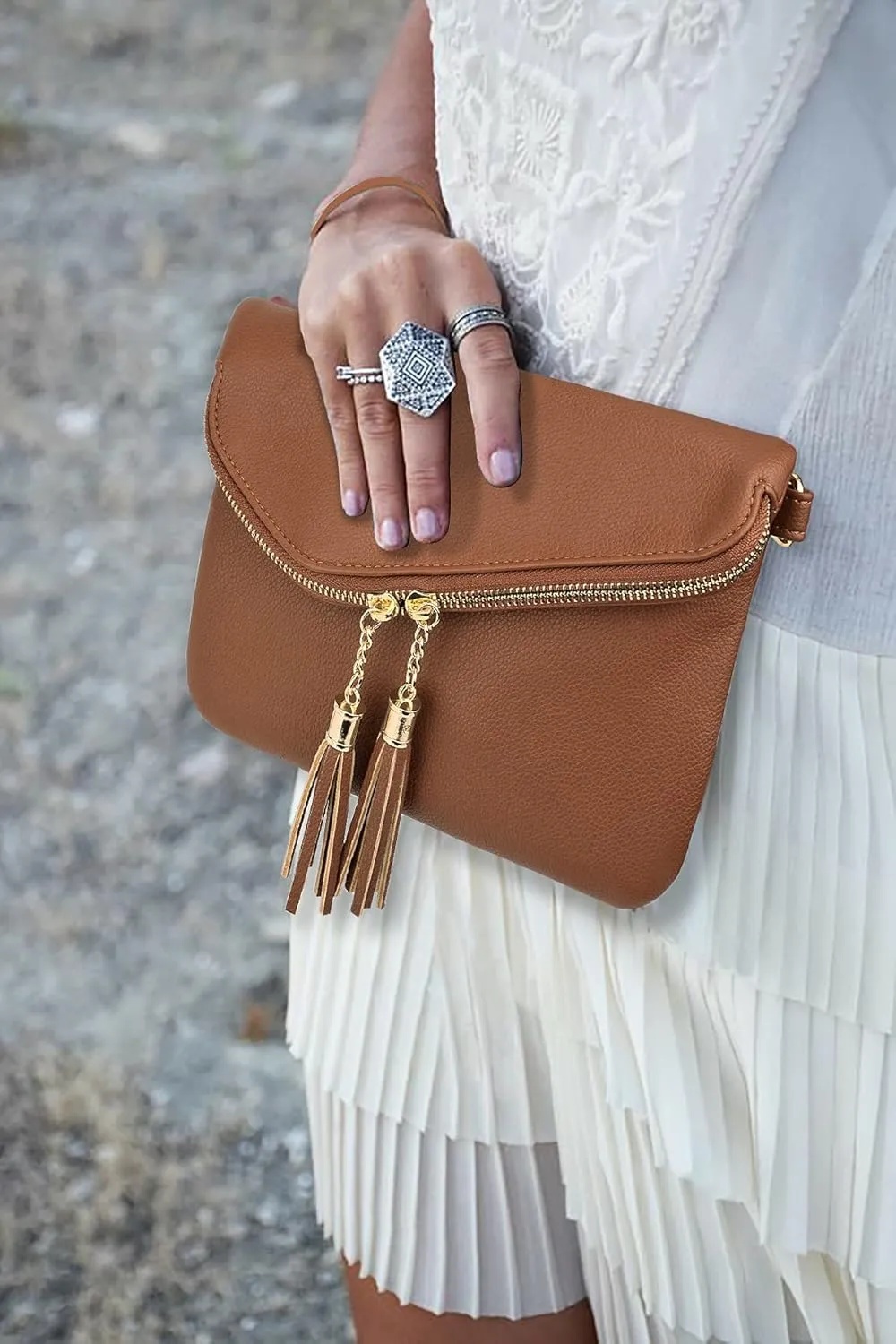 UTO Envelope Wristlet Clutch Crossbody Bag for Women Double Tassel Cellphone Trendy Purse with Strap and Zip Pocket