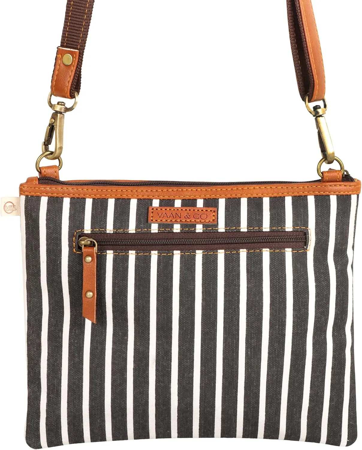 Vaan & Co. Grayson Wide Crossbody Bag – Upcycled Genuine Leather Purse with Top Flap & Tassel
