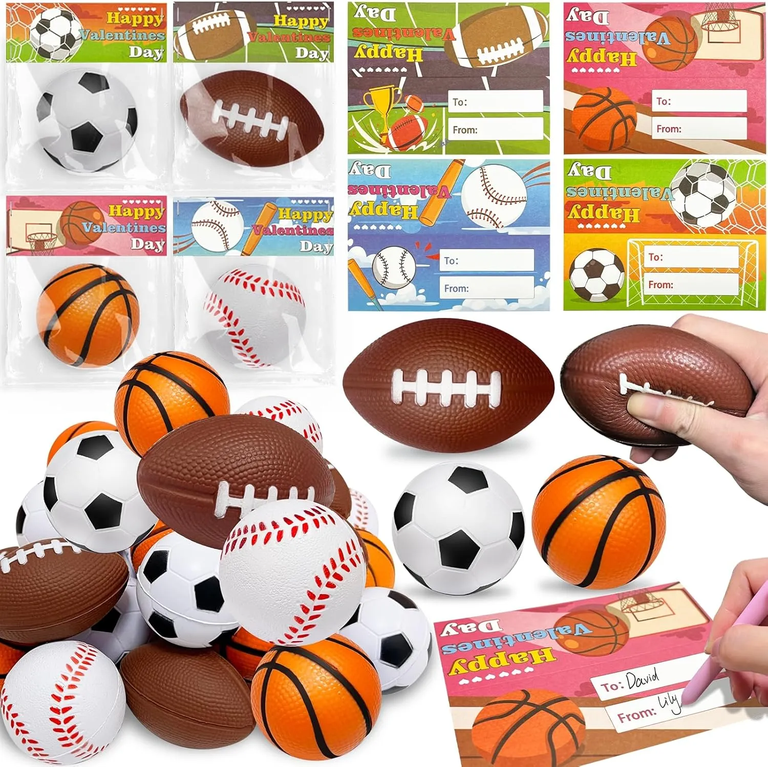 Valentines Day Gifts for Kids 24 Pack Jumbo Sport Valentine Foam Stress Ball Prefilled Goodie Bag with 24 Valentine Card for Kid School Class Exchange Gift Squeeze Fidget Toy Kid Valentine Party Favor
