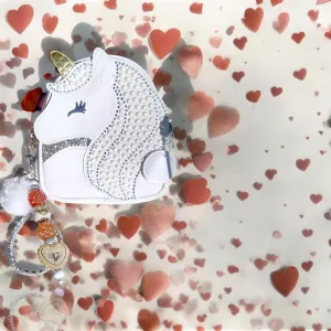 Valentine's Gift Set-Unicorn Crossbody Purse with Crystal Embellishments, White Pearl Design, Decorative Strap Included