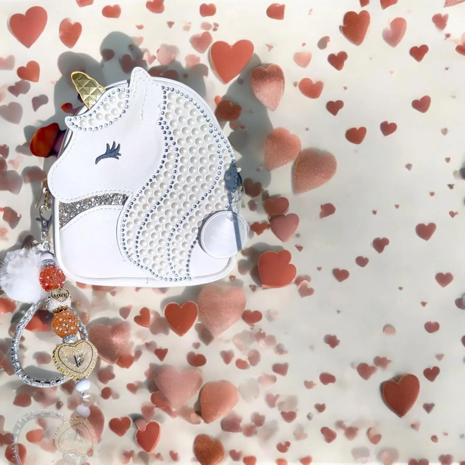 Valentine's Gift Set-Unicorn Crossbody Purse with Crystal Embellishments, White Pearl Design, Decorative Strap Included