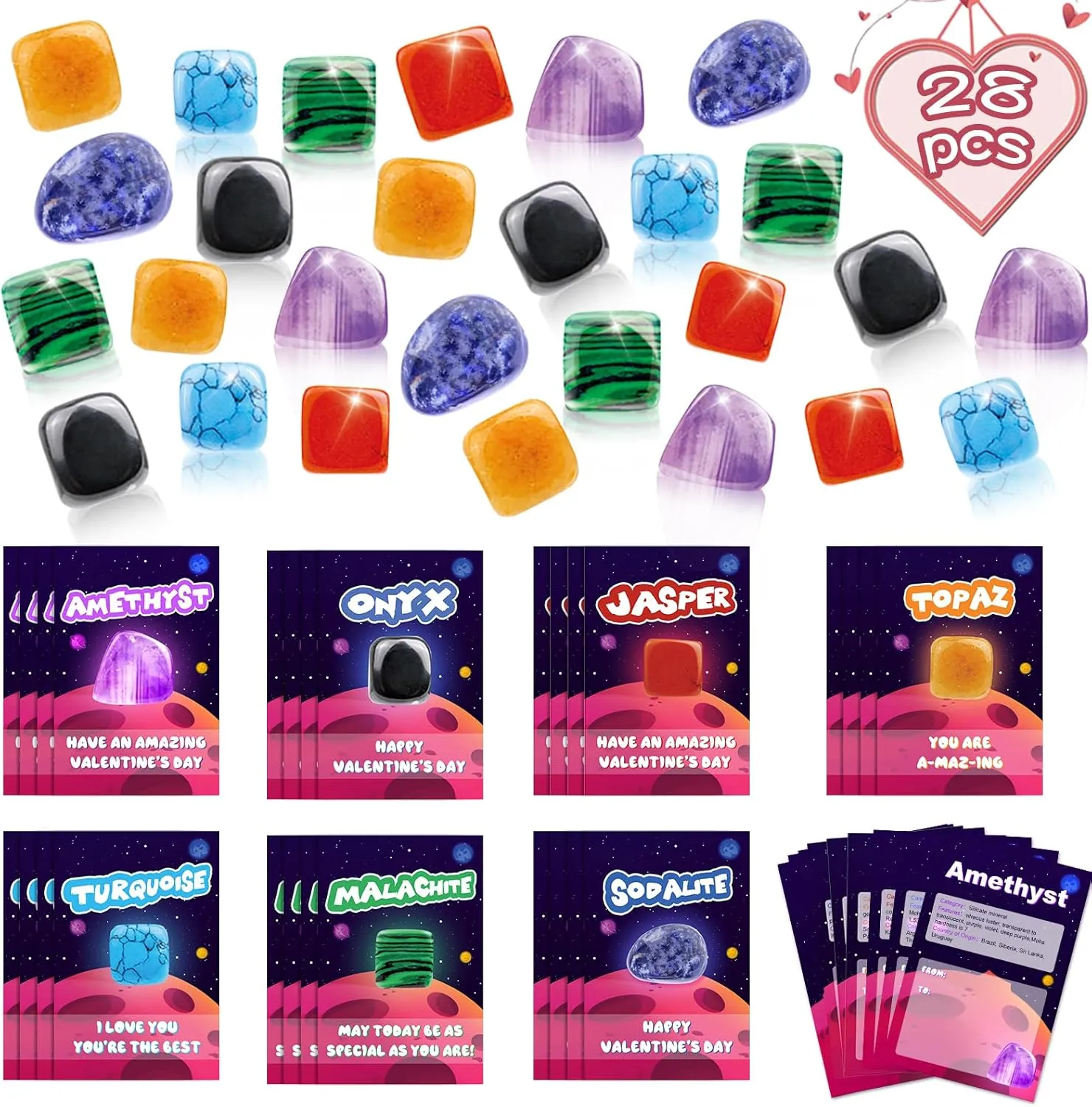 Valentine‘s Gifts for Kids, 28 Pack Valentines Cards with Rocks Bulk, Crystal Gems Minerals Rocks Collection Kit, Exchange Card for Girls Boys School Classroom Party Favors