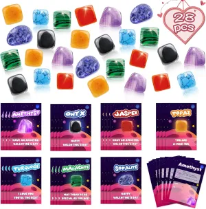 Valentine‘s Gifts for Kids, 28 Pack Valentines Cards with Rocks Bulk, Crystal Gems Minerals Rocks Collection Kit, Exchange Card for Girls Boys School Classroom Party Favors