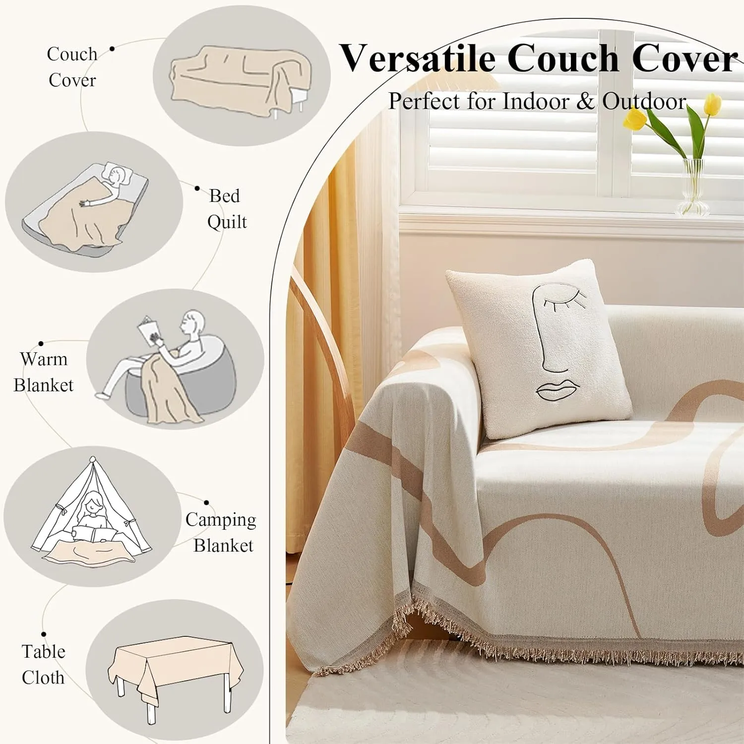 VClife Beige Khaki Couch Cover Sofa Cover for Dog, Anti Slip Sofa Cover with Tassel - Large Chenille Sofa Couch Cover for 3 Cushion Couch, Sofa Furniture Protector Loveseat Sofa Slipcover, 71" X 134"