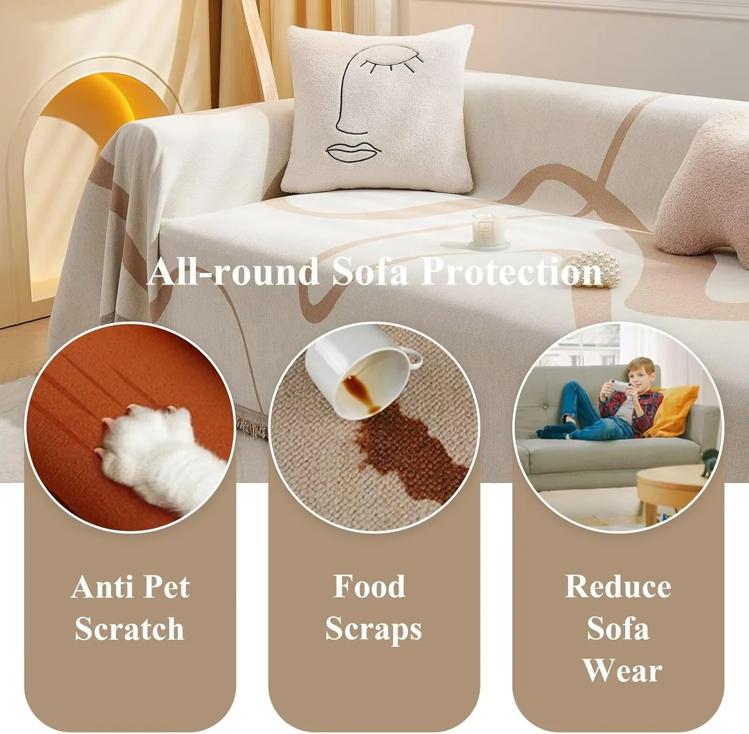 VClife Beige Khaki Couch Cover Sofa Cover for Dog, Anti Slip Sofa Cover with Tassel - Large Chenille Sofa Couch Cover for 3 Cushion Couch, Sofa Furniture Protector Loveseat Sofa Slipcover, 71" X 134"