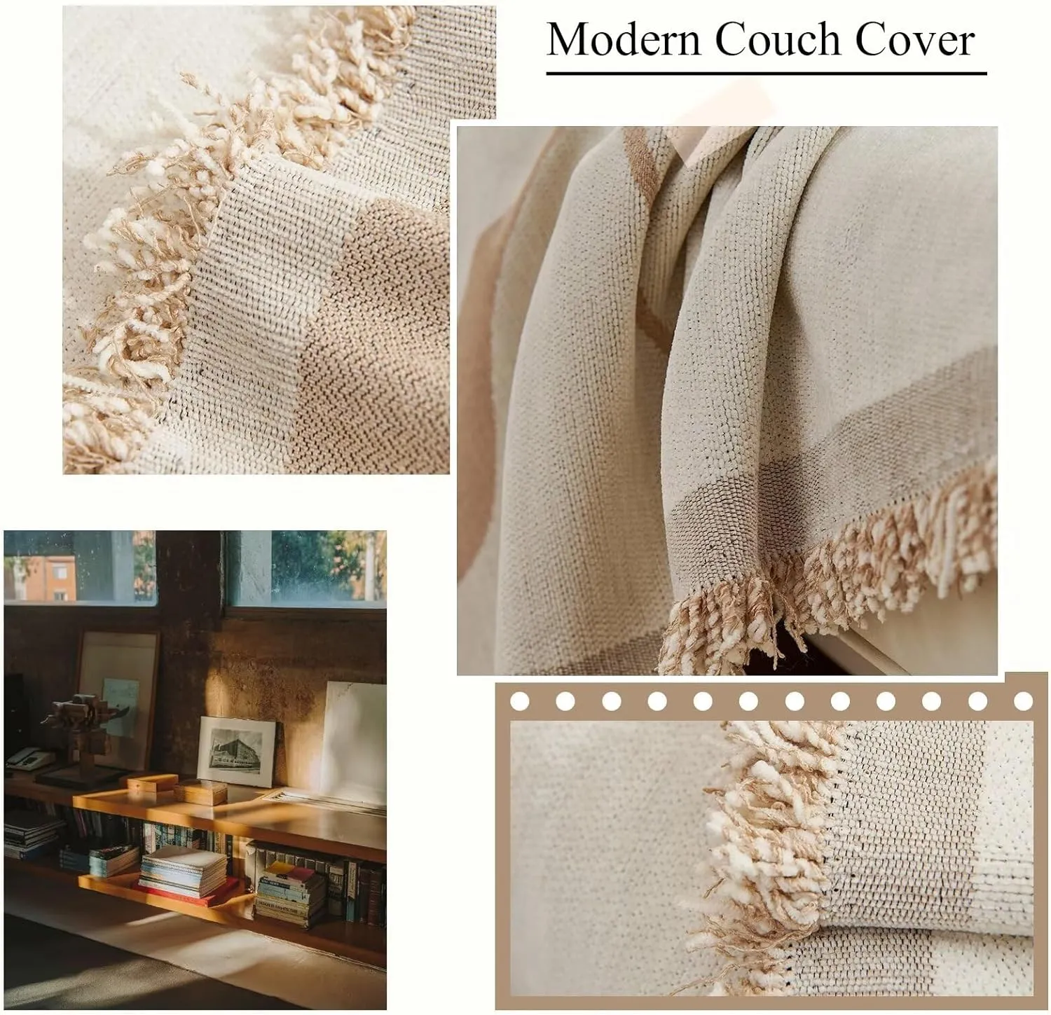 VClife Beige Khaki Couch Cover Sofa Cover for Dog, Anti Slip Sofa Cover with Tassel - Large Chenille Sofa Couch Cover for 3 Cushion Couch, Sofa Furniture Protector Loveseat Sofa Slipcover, 71" X 134"