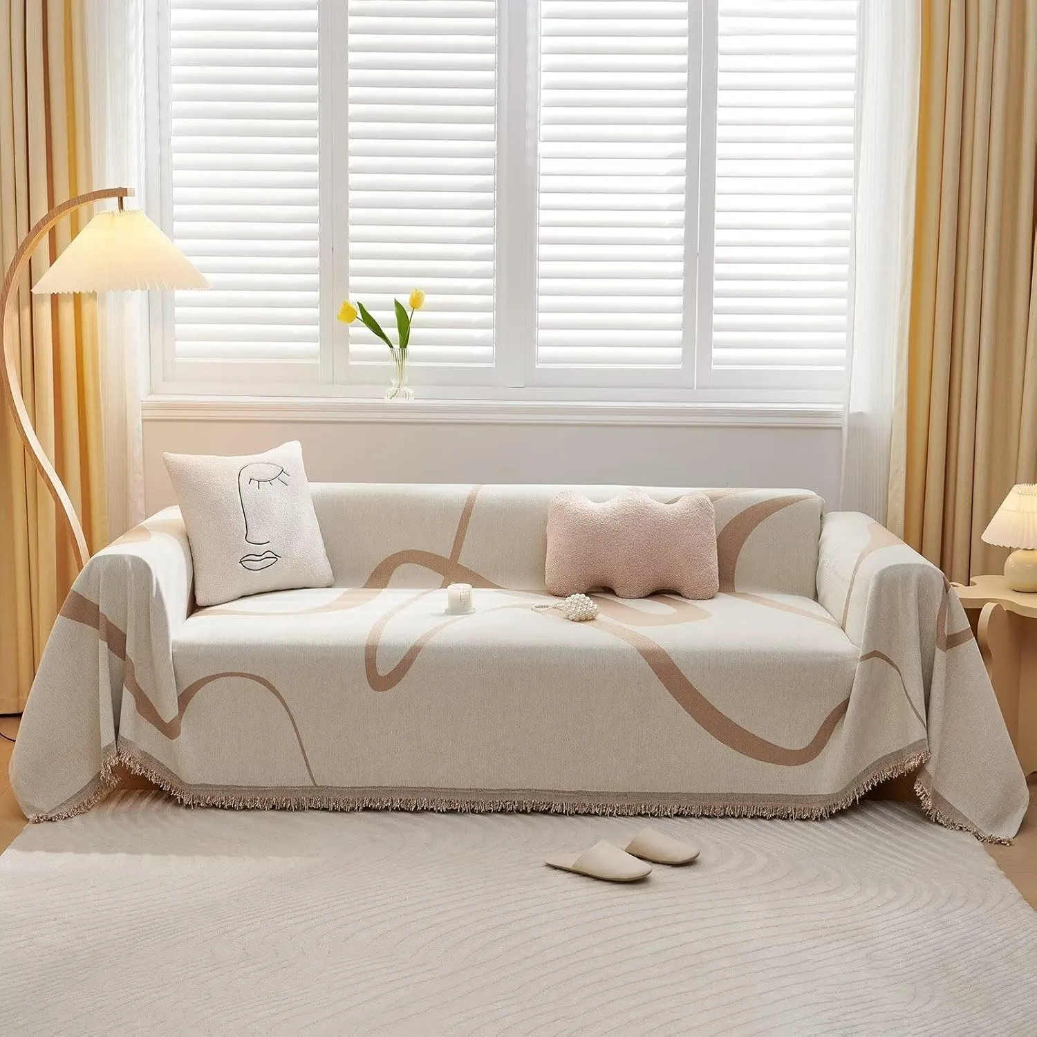 VClife Beige Khaki Couch Cover Sofa Cover for Dog, Anti Slip Sofa Cover with Tassel - Large Chenille Sofa Couch Cover for 3 Cushion Couch, Sofa Furniture Protector Loveseat Sofa Slipcover, 71" X 134"