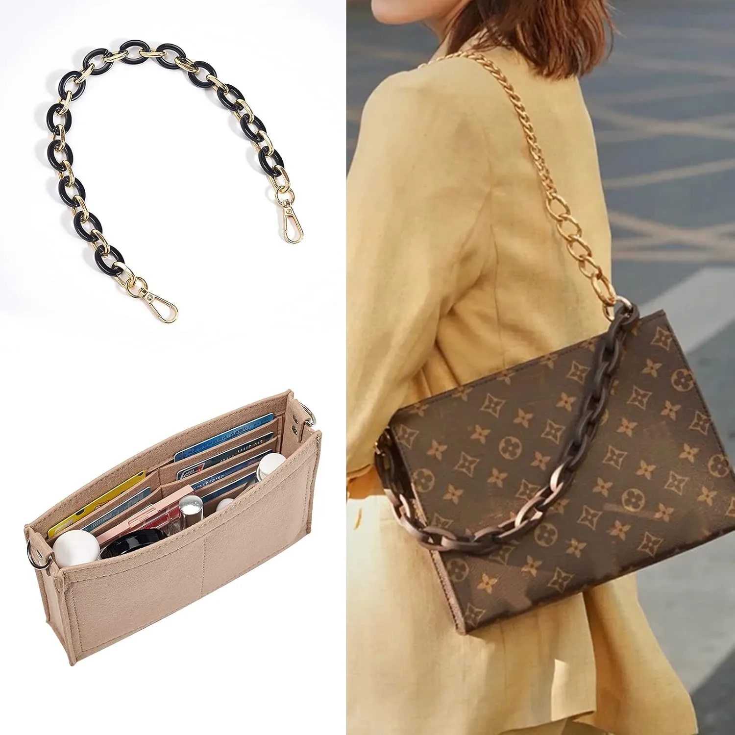 Vercord Felt Purse Insert Organizer LV 26 19 Toiletry Pouch Insert with D Ring Attach Chain Strap