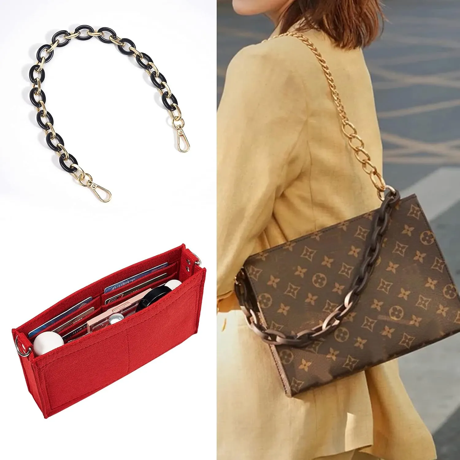 Vercord Felt Purse Insert Organizer LV 26 19 Toiletry Pouch Insert with D Ring Attach Chain Strap