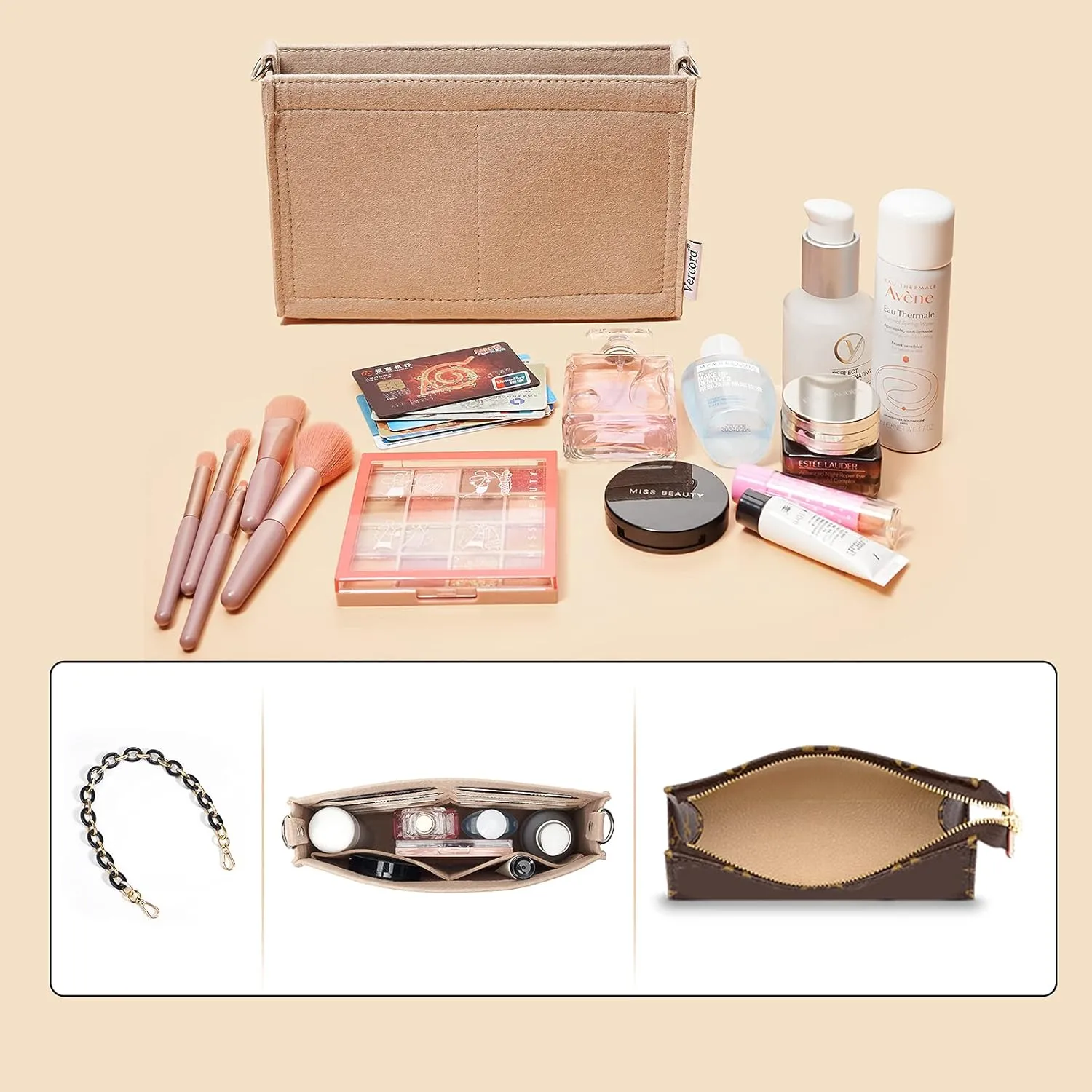 Vercord Felt Purse Insert Organizer LV 26 19 Toiletry Pouch Insert with D Ring Attach Chain Strap