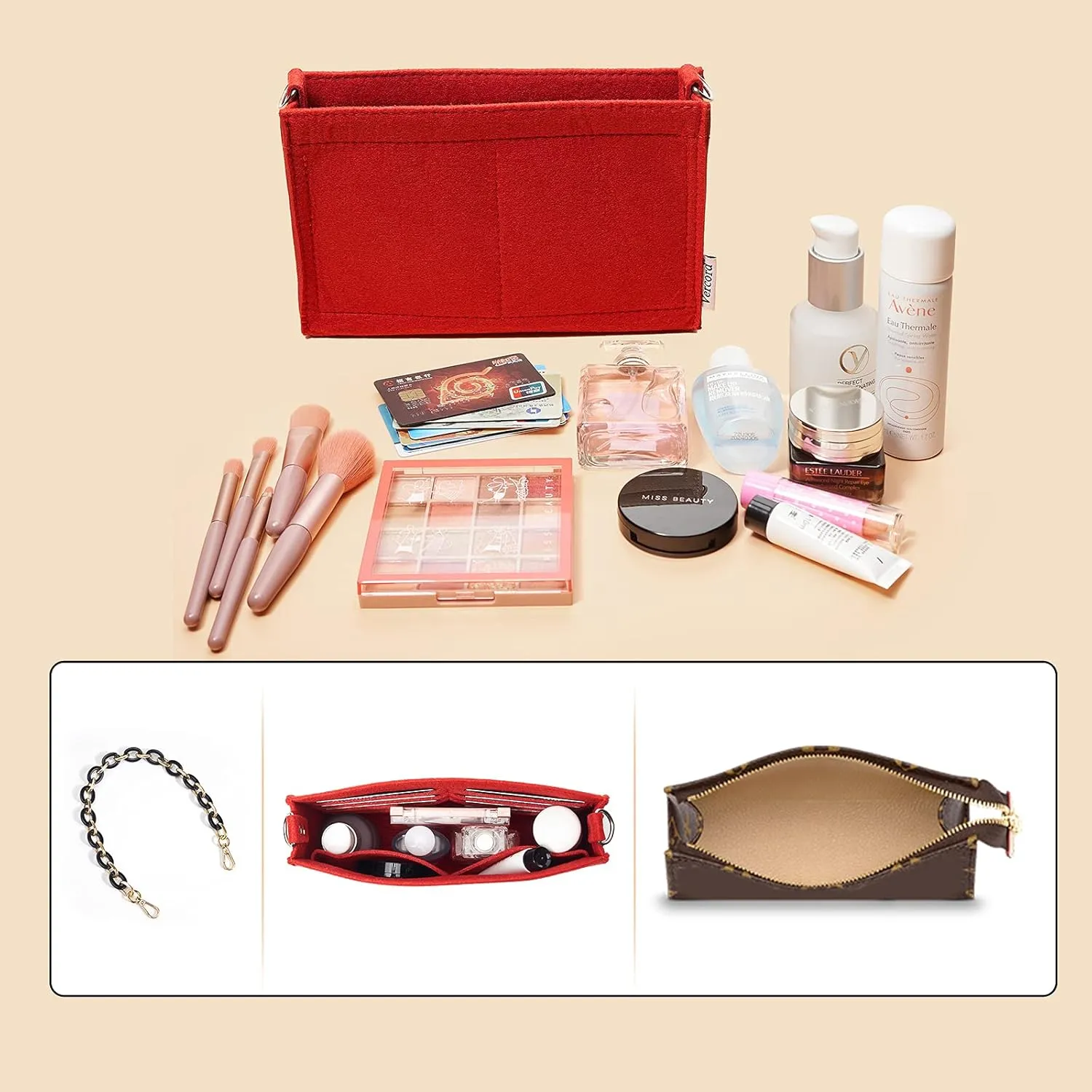 Vercord Felt Purse Insert Organizer LV 26 19 Toiletry Pouch Insert with D Ring Attach Chain Strap