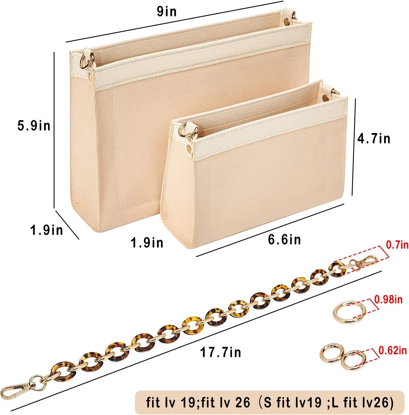Vercord Purse Insert Organizer 19 Toiletry Pouch Insert with Leopard Acrylic Chain Strap Beige S