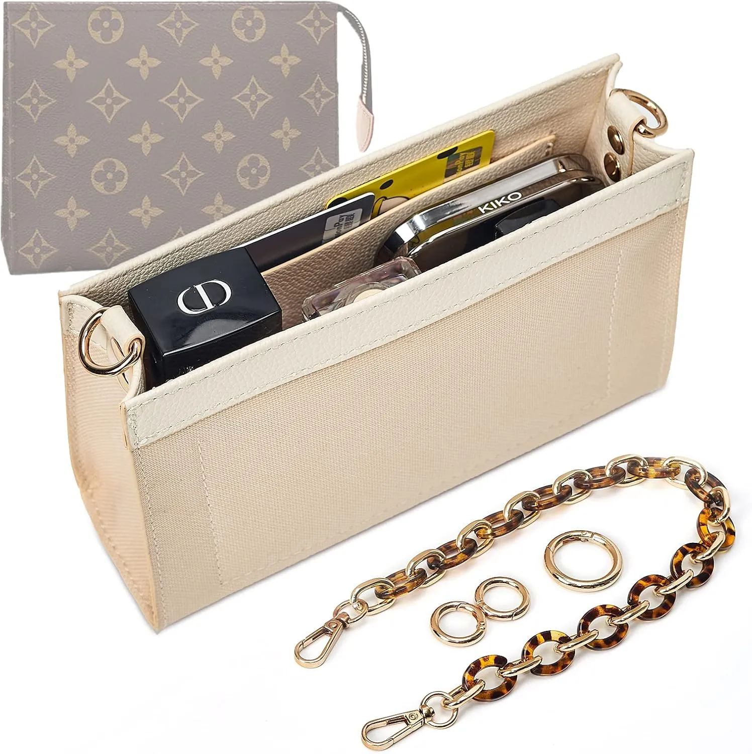 Vercord Purse Insert Organizer 19 Toiletry Pouch Insert with Leopard Acrylic Chain Strap Beige S