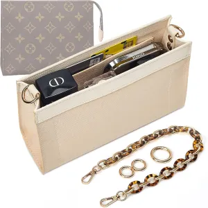 Vercord Purse Insert Organizer 19 Toiletry Pouch Insert with Leopard Acrylic Chain Strap Beige S