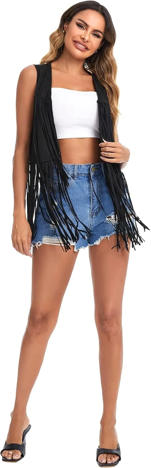 Verdusa Women's Tassel Sleeveless Vest 70s Hippie Faux Suede Fringe Jacket Cardigan