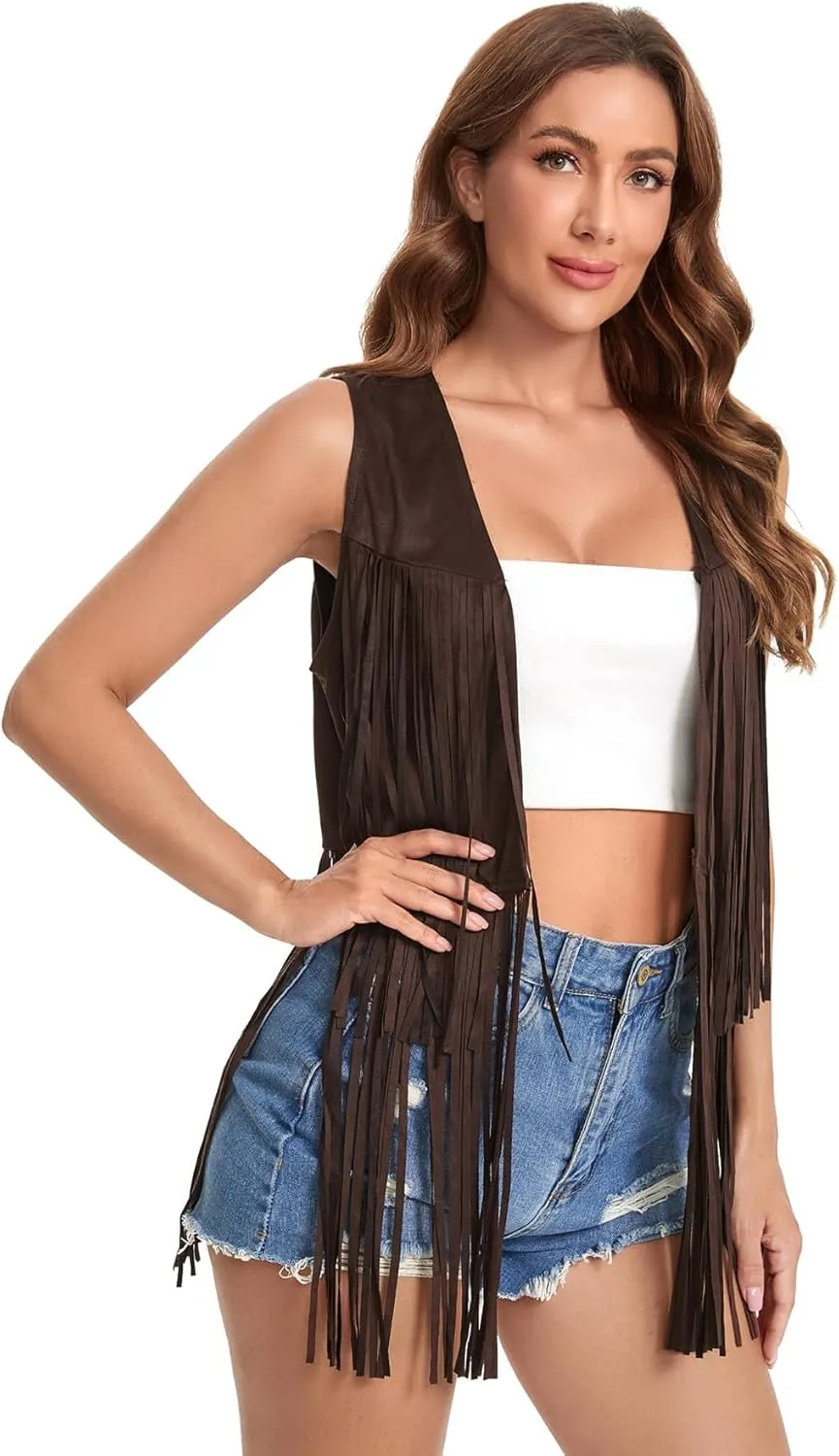Verdusa Women's Tassel Sleeveless Vest 70s Hippie Faux Suede Fringe Jacket Cardigan