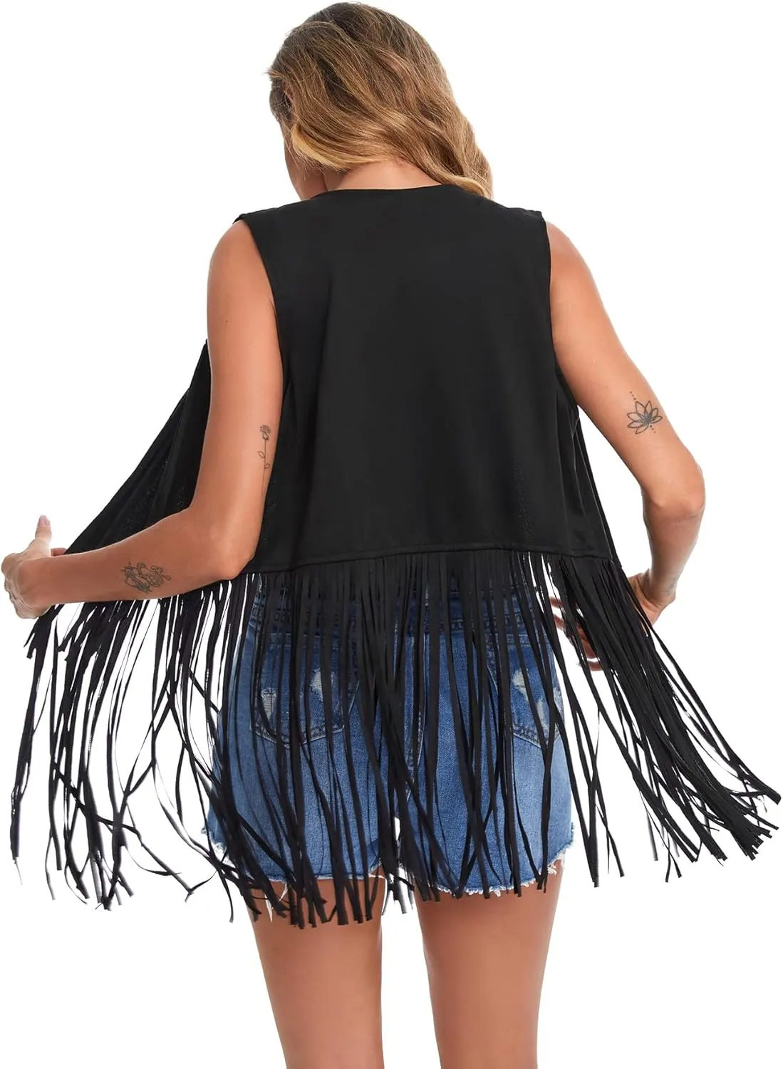 Verdusa Women's Tassel Sleeveless Vest 70s Hippie Faux Suede Fringe Jacket Cardigan