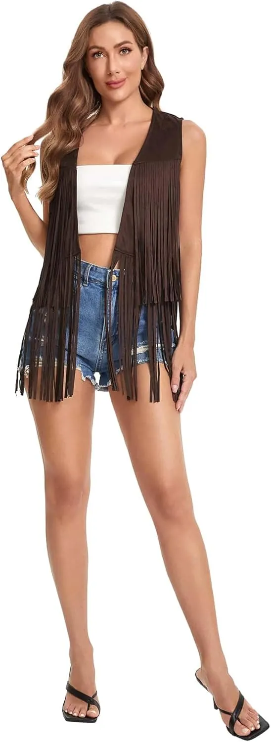 Verdusa Women's Tassel Sleeveless Vest 70s Hippie Faux Suede Fringe Jacket Cardigan
