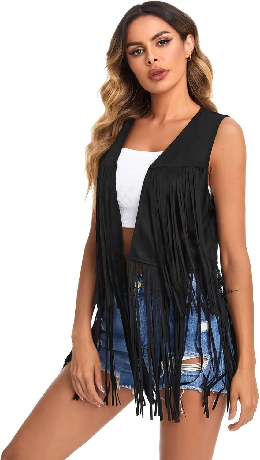 Verdusa Women's Tassel Sleeveless Vest 70s Hippie Faux Suede Fringe Jacket Cardigan