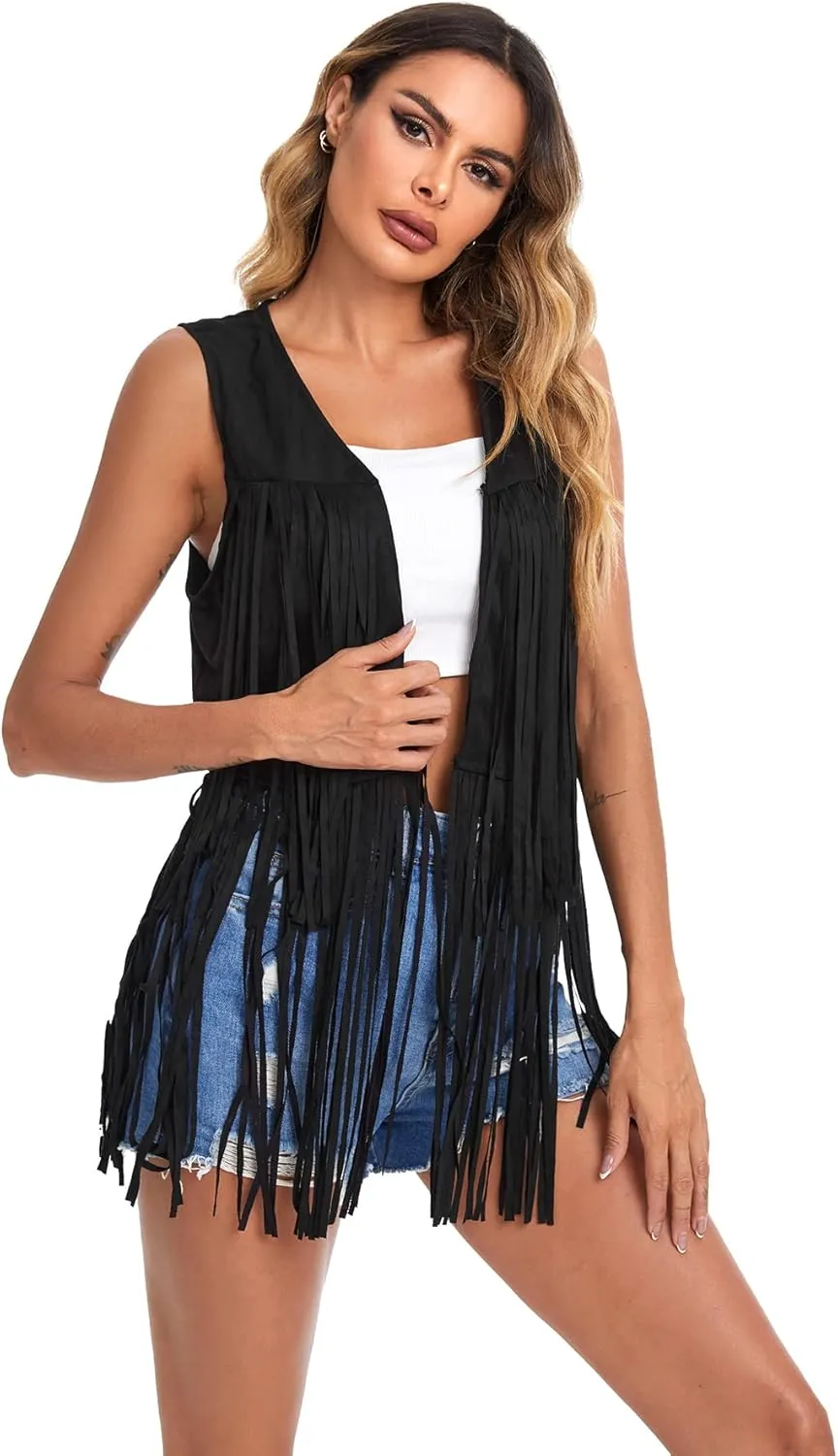 Verdusa Women's Tassel Sleeveless Vest 70s Hippie Faux Suede Fringe Jacket Cardigan