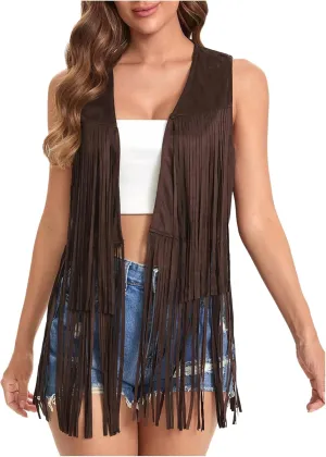 Verdusa Women's Tassel Sleeveless Vest 70s Hippie Faux Suede Fringe Jacket Cardigan