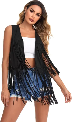 Verdusa Women's Tassel Sleeveless Vest 70s Hippie Faux Suede Fringe Jacket Cardigan