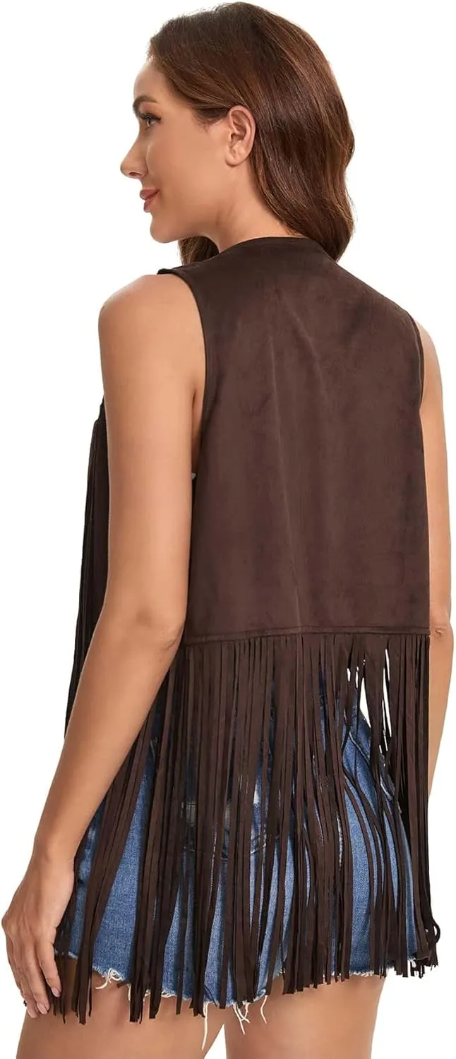 Verdusa Women's Tassel Sleeveless Vest 70s Hippie Faux Suede Fringe Jacket Cardigan