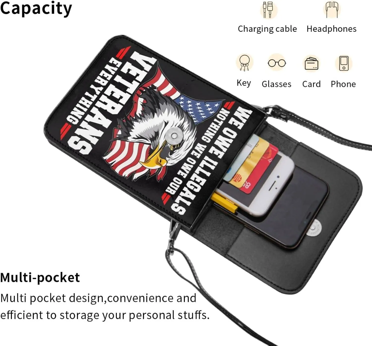 Veterans Day and Eagle USA Flag Cell Phone Purse Small Crossbody Bag For Women Men Wallet Purse With Adjustable Strap