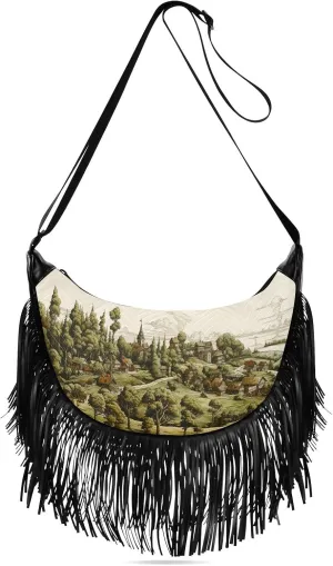Village with Trees Crossbody Bags for Women, Small Shoulder Handbags Tassel Purse with Adjustable Strap