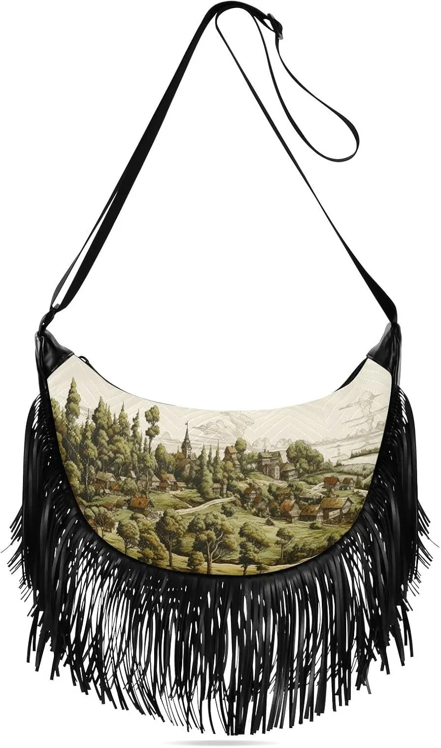 Village with Trees Crossbody Bags for Women, Small Shoulder Handbags Tassel Purse with Adjustable Strap