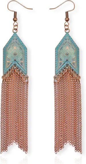 Vintage Country Western Jewelry for Women: Dangle Boho Turquoise & Bronze Patina Earrings with Long Copper Tassel Chains | Dangle Earring Set, Cowgirl Style Geometric Concert Festival Accessories
