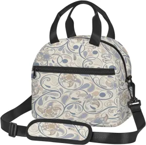 Vintage Flower Design,Insulated Reusable Lunch Bag with Adjustable Shoulder Strap for Adults,Swirling Leaves with Eastern Design,Office Picnic Hiking Beach Tote Bag,Beige Blue,9x5x7.8in