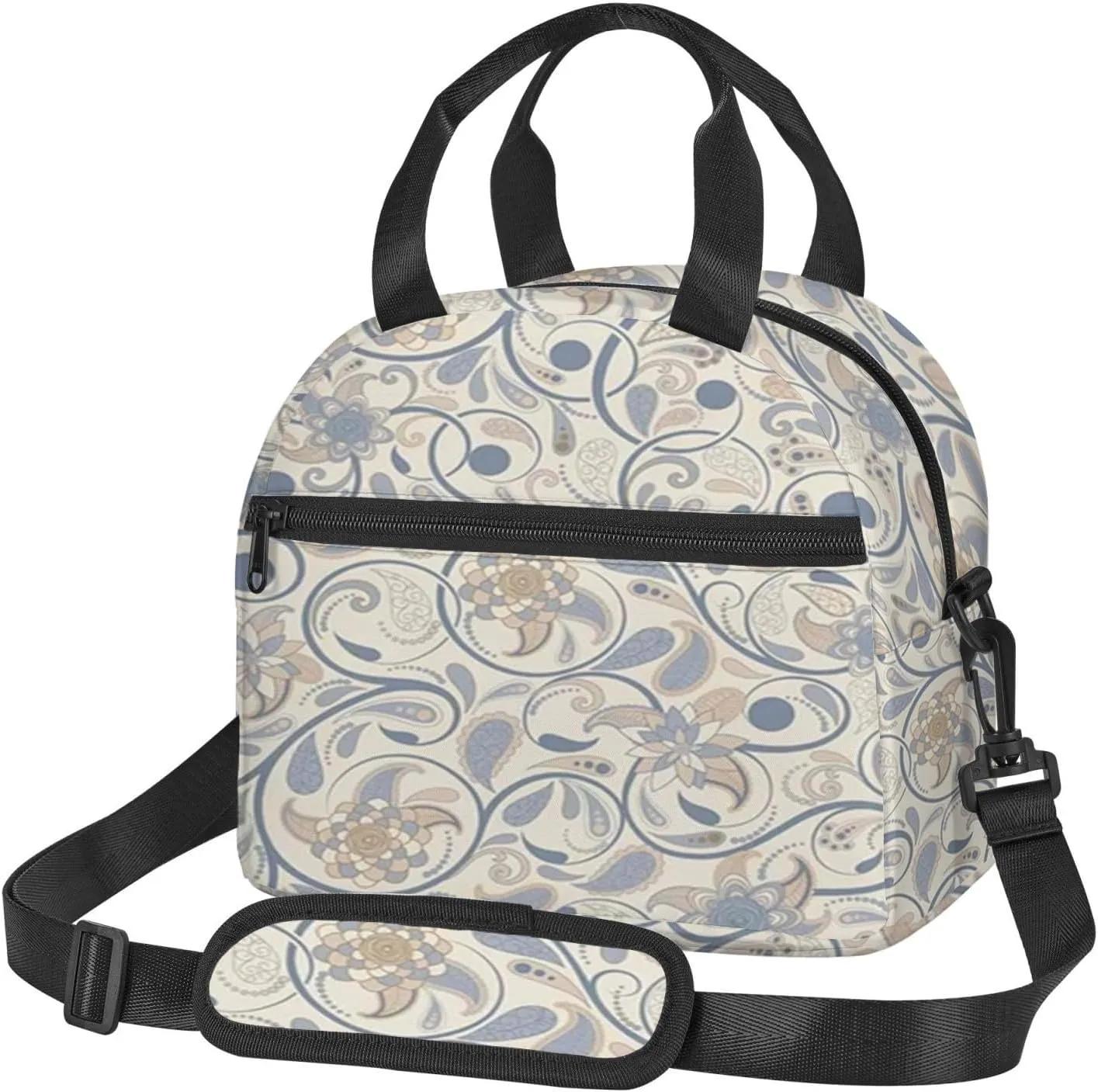Vintage Flower Design,Insulated Reusable Lunch Bag with Adjustable Shoulder Strap for Adults,Swirling Leaves with Eastern Design,Office Picnic Hiking Beach Tote Bag,Beige Blue,9x5x7.8in