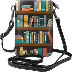 Vintage Library Bookshelf Bookworm Women Cell Phone Purse Small Crossbody Bag Leather Shoulder Bag Card Holder Wallet