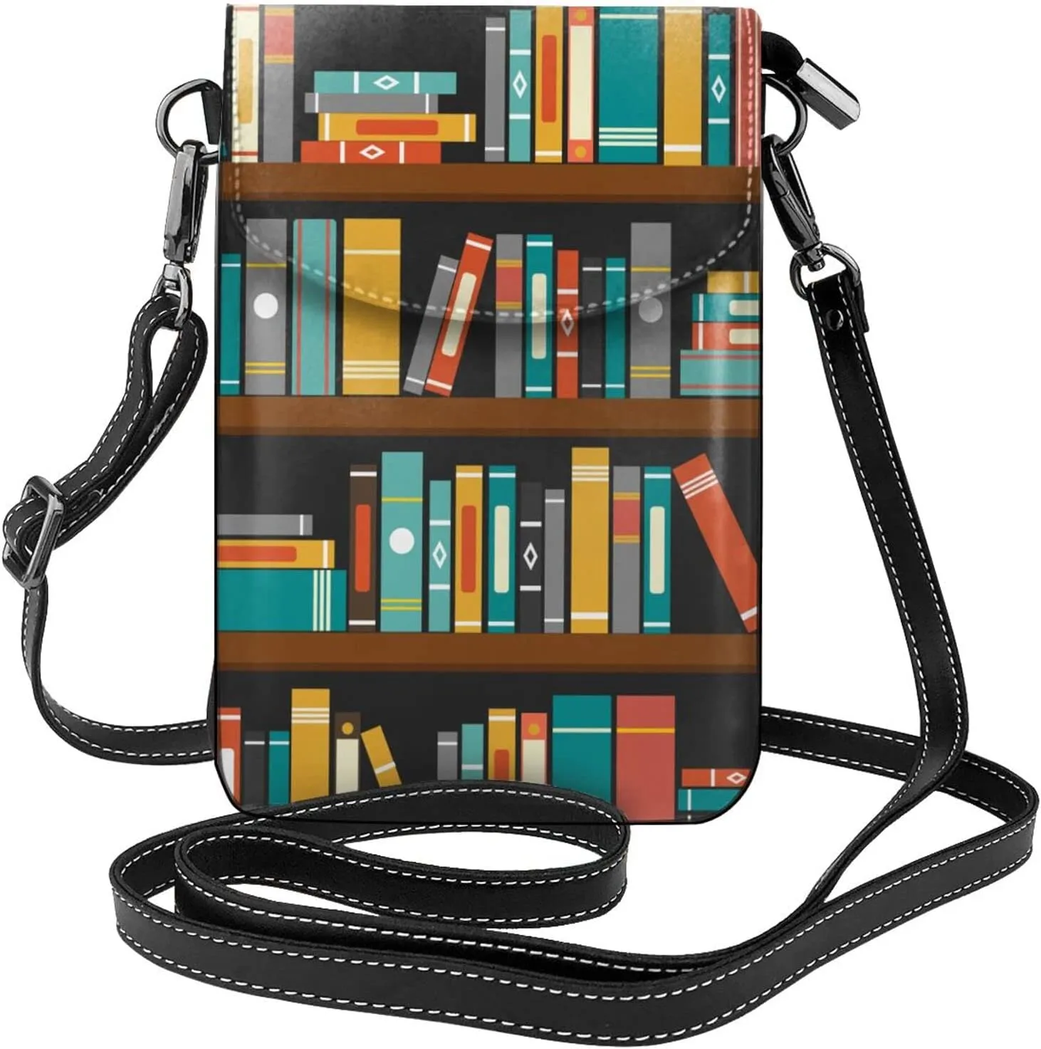 Vintage Library Bookshelf Bookworm Women Cell Phone Purse Small Crossbody Bag Leather Shoulder Bag Card Holder Wallet