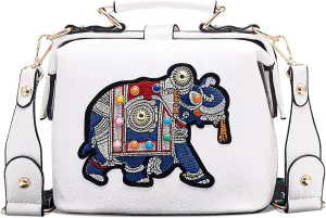 Vintage Thai Elephant Embroidery Crossbody Bag,Top Handle Purse for Women,Leather Handbag with Adjustable Strap