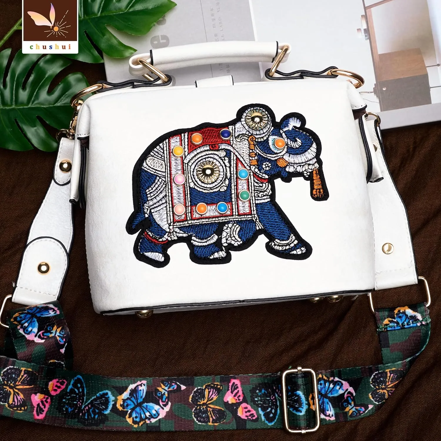 Vintage Thai Elephant Embroidery Crossbody Bag,Top Handle Purse for Women,Leather Handbag with Adjustable Strap
