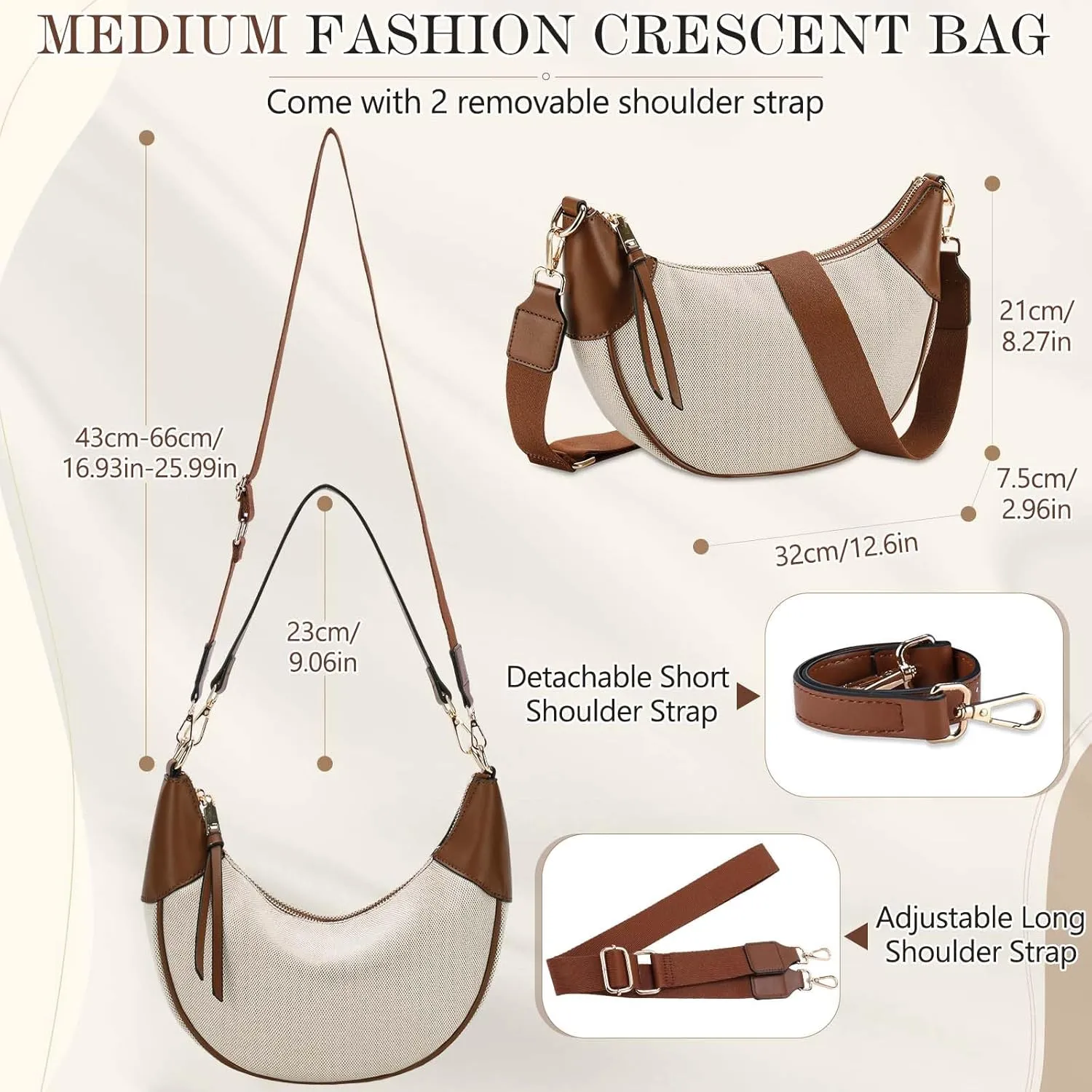 VX VONXURY Shoulder Bag for Women,Medium Canvas Crescent Crossbody Saddle Purse with Zipper Closure,Fashion Underarm Handbag