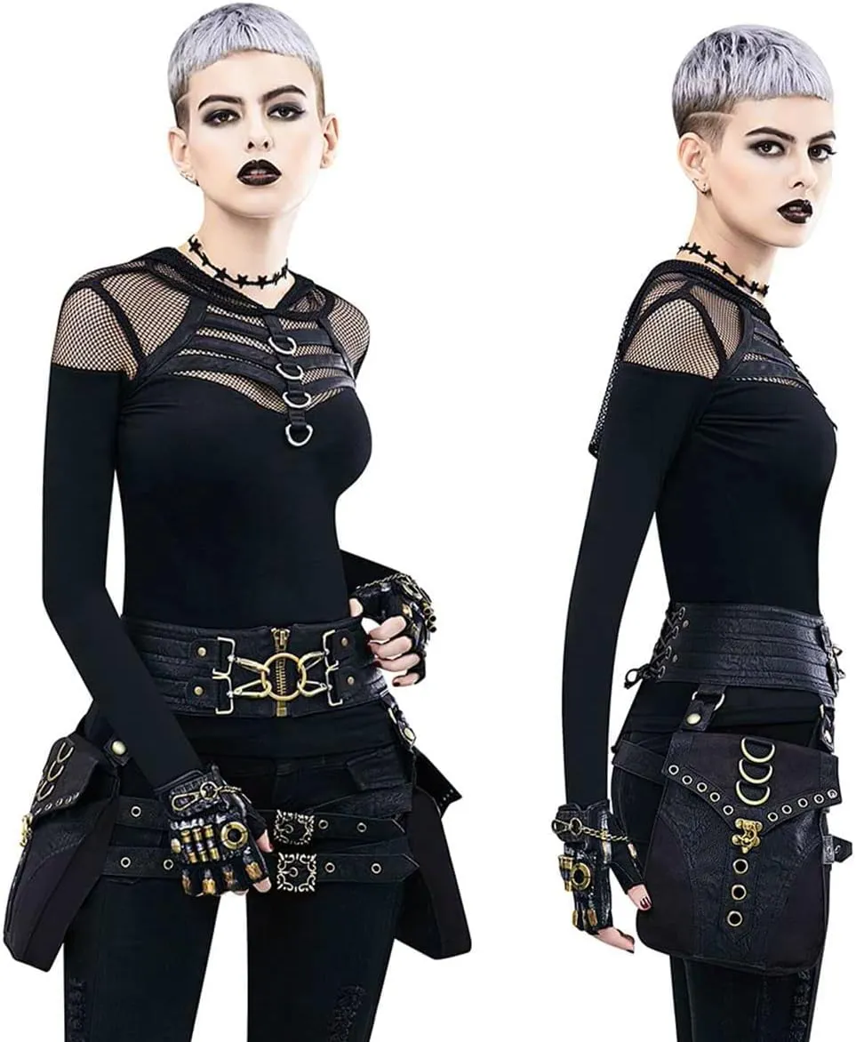 Waist Bag Belt Purse Fanny Pack Crossbody Motorcycle Hiking Phone Holder Wallet Vintage Leather Casual Fashion Daypack Gothic Festival Costume Hip Pouch for Women Men (Com)