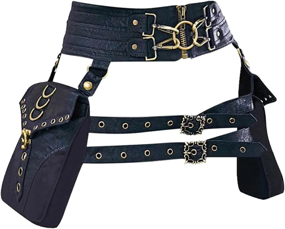 Waist Bag Belt Purse Fanny Pack Crossbody Motorcycle Hiking Phone Holder Wallet Vintage Leather Casual Fashion Daypack Gothic Festival Costume Hip Pouch for Women Men (Com)