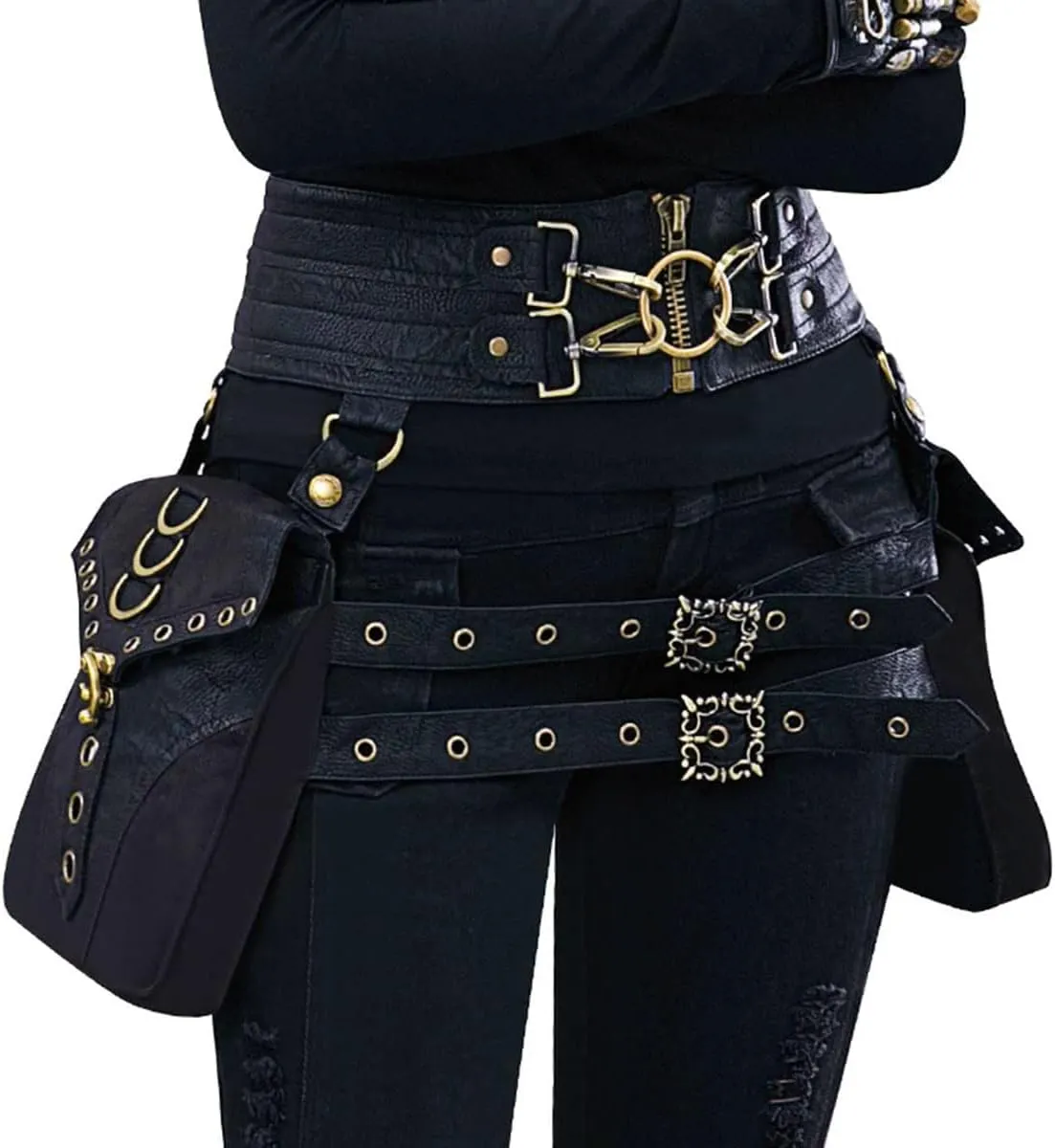 Waist Bag Belt Purse Fanny Pack Crossbody Motorcycle Hiking Phone Holder Wallet Vintage Leather Casual Fashion Daypack Gothic Festival Costume Hip Pouch for Women Men (Com)