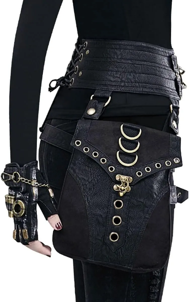 Waist Bag Belt Purse Fanny Pack Crossbody Motorcycle Hiking Phone Holder Wallet Vintage Leather Casual Fashion Daypack Gothic Festival Costume Hip Pouch for Women Men (Com)