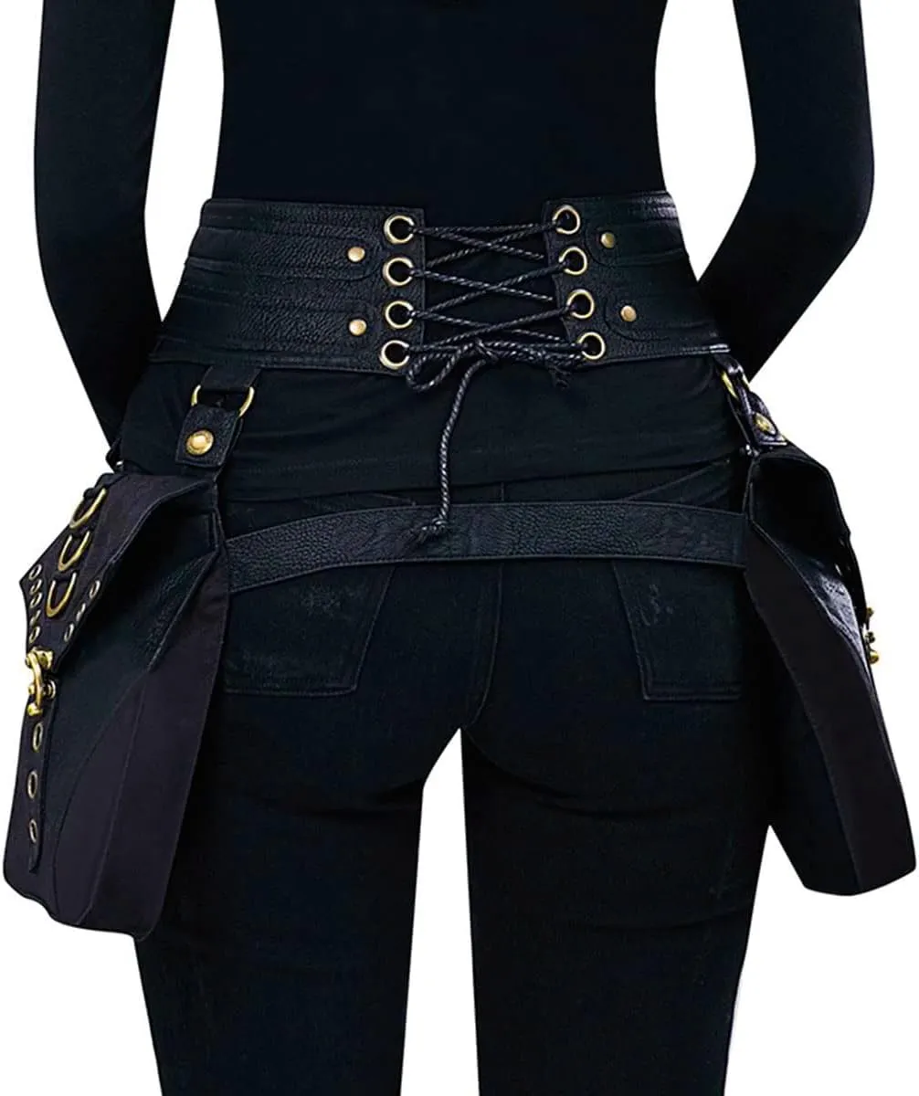 Waist Bag Belt Purse Fanny Pack Crossbody Motorcycle Hiking Phone Holder Wallet Vintage Leather Casual Fashion Daypack Gothic Festival Costume Hip Pouch for Women Men (Com)