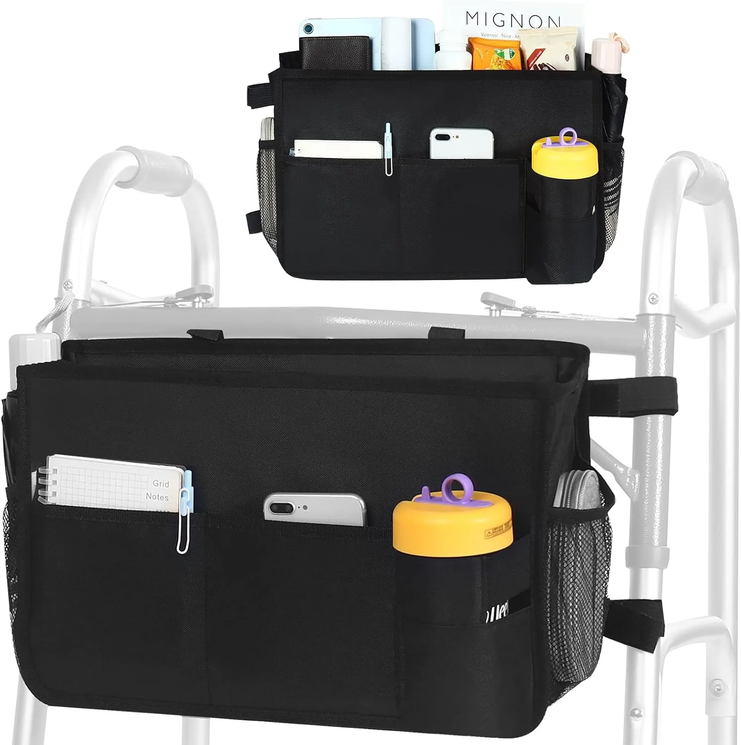 Walker Bags for Folding Walker, Multi Pockets Walker Accessories for Women Men, Foldable Walker Basket with Cup Holder, Big Capacity & Never Tipping Over, Best Gift for Seniors