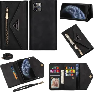 Wallet Case for iPhone 11 Pro 5.8 Leather Flip Zipper Purse Handbag with Card Holder Crossbody Shoulder Strap Wrist Strap Lanyard Phone Cover for iPhone11pro iPhone11 i XI 11s 11pro Black