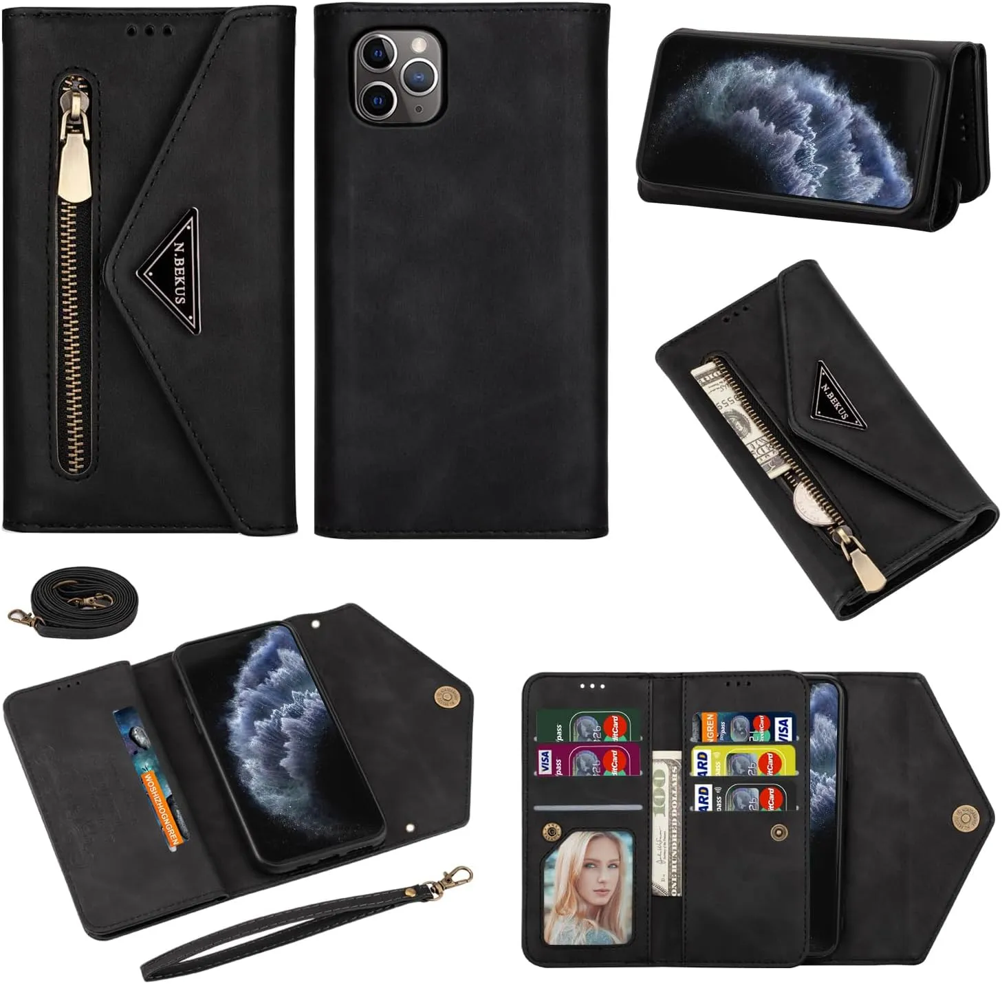 Wallet Case for iPhone 11 Pro 5.8 Leather Flip Zipper Purse Handbag with Card Holder Crossbody Shoulder Strap Wrist Strap Lanyard Phone Cover for iPhone11pro iPhone11 i XI 11s 11pro Black
