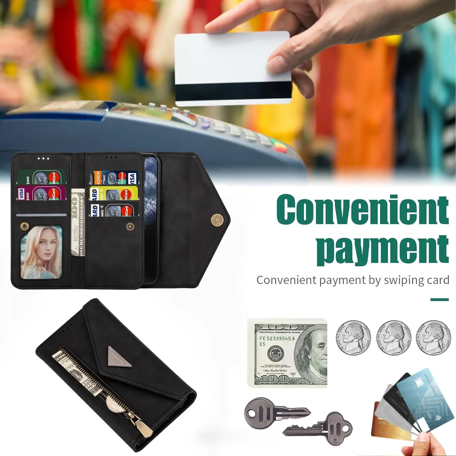 Wallet Case for iPhone 11 Pro 5.8 Leather Flip Zipper Purse Handbag with Card Holder Crossbody Shoulder Strap Wrist Strap Lanyard Phone Cover for iPhone11pro iPhone11 i XI 11s 11pro Black